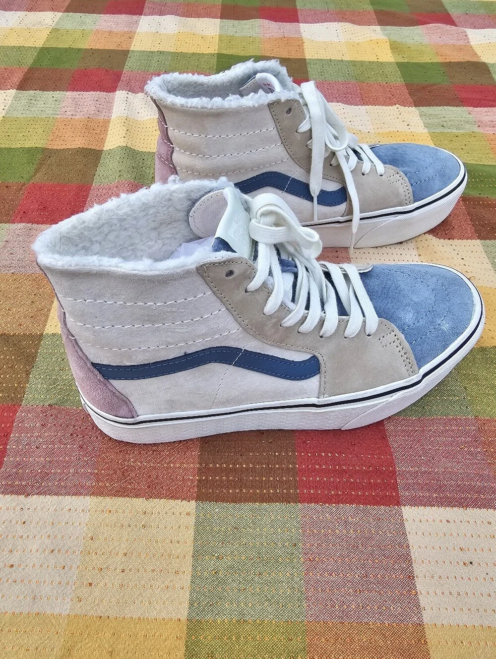 Vans Sk8-Hi MTE Sherpa Lined Suede Winter Sneakers Blue Cream Pink Women's 8